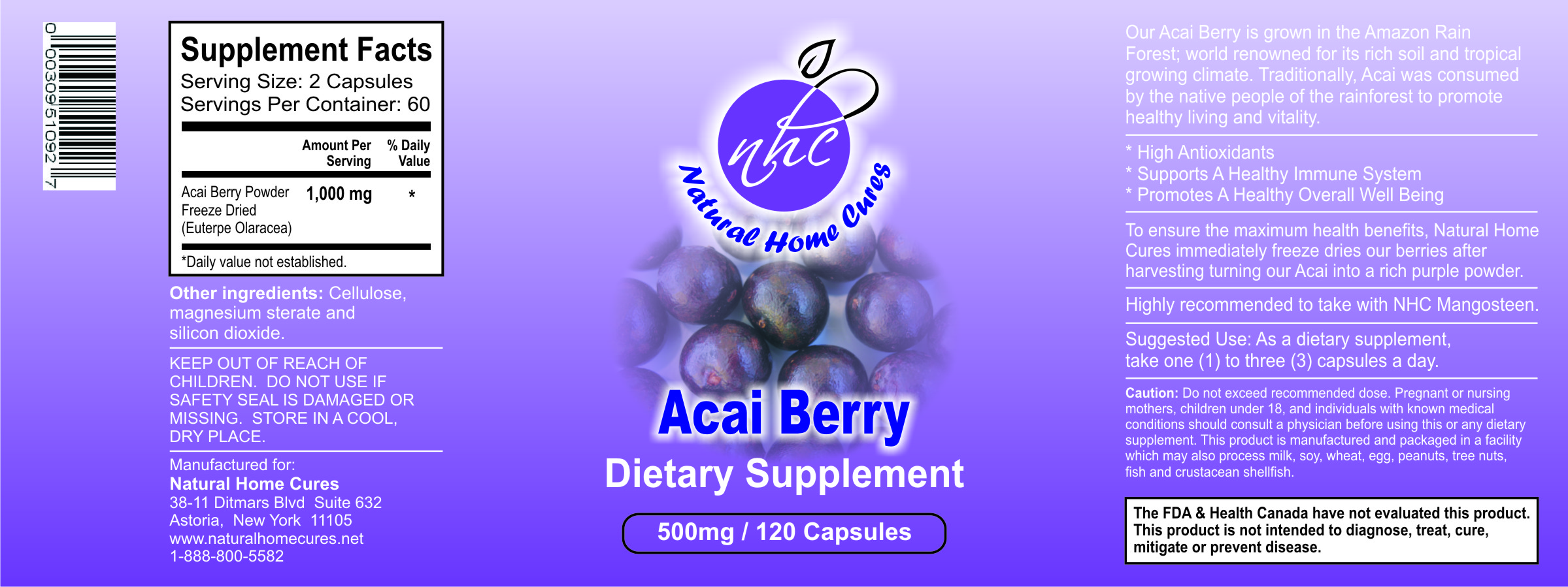 Natural Home Cures Organic Freeze Dried Acai Berry Product Label